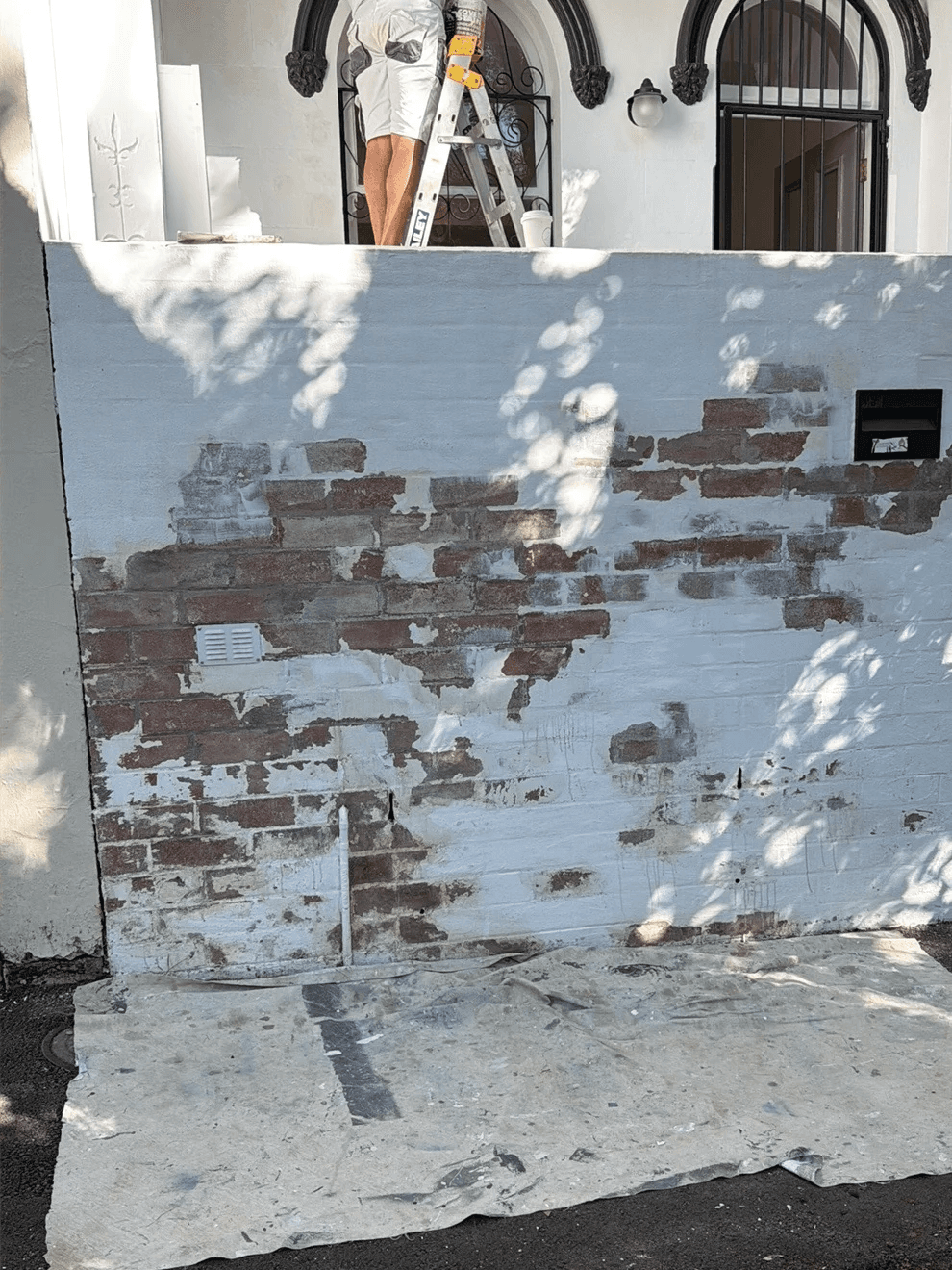 Painted brick front wall of a Victorian terrace in Woollahra, with failing paint scraped back to bare brick before repainting